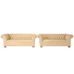 Pair of Used Cream Leather Chesterfield Style Sofas