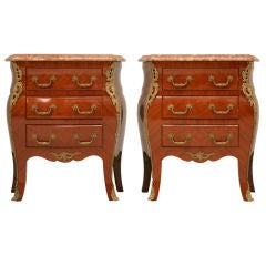 Pair of Petite Italian Marquetry Bombe Commodes w/Marble Tops