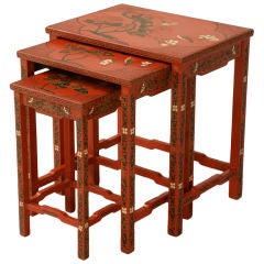 Vintage Set of Three Red Lacquer Chinoiserie Nesting Tables