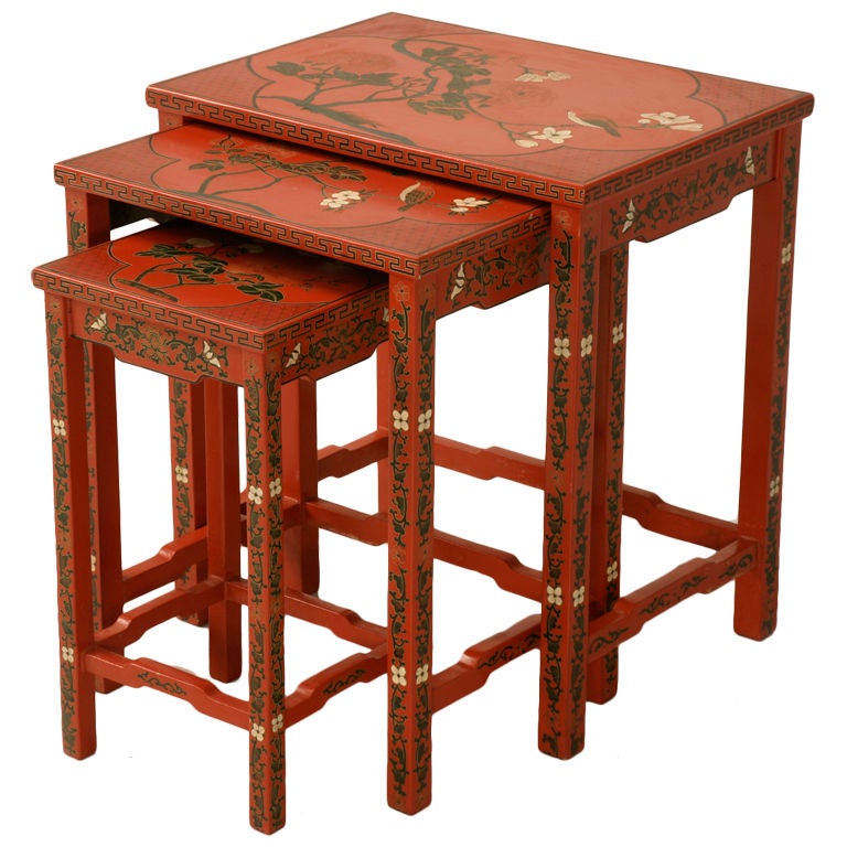 Set of Three Red Lacquer Chinoiserie Nesting Tables