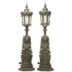 Original Antique Pair of Outdoor "Heraldic Lion" Garden Lamps