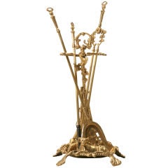 Vintage French Brass "Hunting" Motif  Fireplace Tool Set