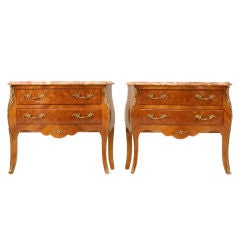 Opulent Pair of Italian Marquetry Bombe Commodes w/Marble Tops