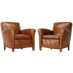 Fine Pair of Vintage French Original Leather Club Chairs