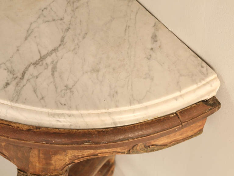 18th Century and Earlier Petite Antique Norwegian Elm Console w/Original Marble & Traces of Paint