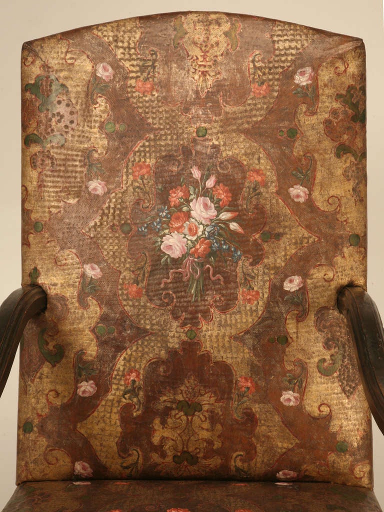 Antique "Embossed Painted & Gilded Leather" Antique French Throne Chair