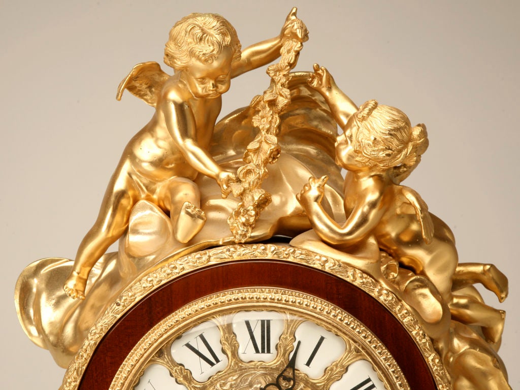 Outrageous, over-the-top Barbedienne signed (image 4) French pedestal clock with a fabulous marquetry case, intricate gilt ormolu decorations, and frolicking cherubs, too. If you like showstopping beauty, look no farther as this is it! Perfect in