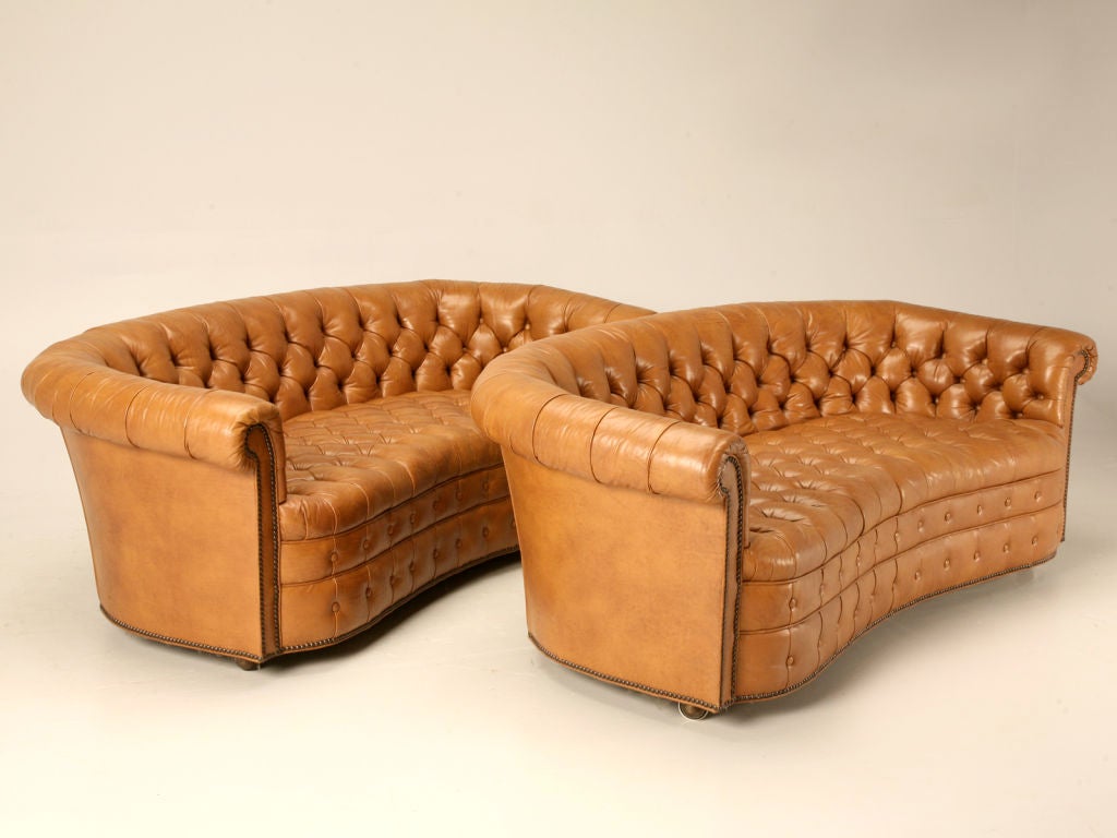 Dynamite Pair of Vintage Leather Chesterfield Kidney Shape Sofas