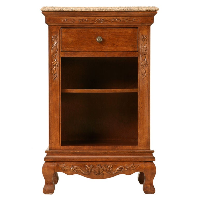 Vintage French Solid Oak Nightstand w/Drawer and Stone Top at 1stdibs