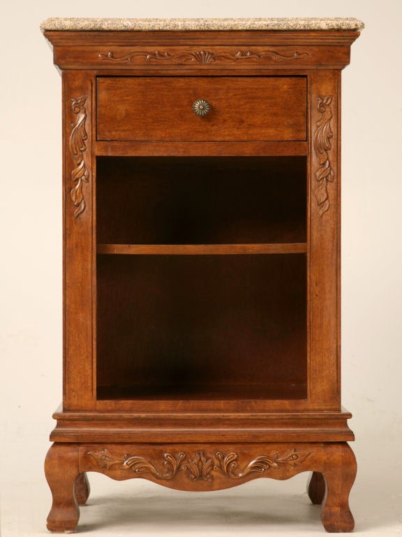 Vintage French Solid Oak Nightstand w/Drawer & Stone Top