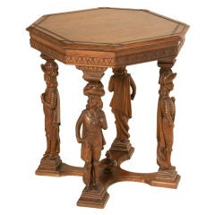 Octagonal Antique Walnut Gueridon or Lamp Table w/Carved Figures