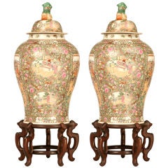 Large Pair of Chinese Gold Rose Medallion Figural Jars on Stands