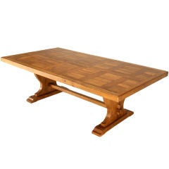 Rustic Wide Antique French Solid Oak Parquet Top  Trestle Table