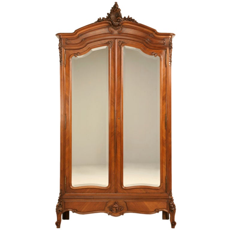 Orig. Antique French Rococo Walnut Armoire or Cabinet w/Mirrors