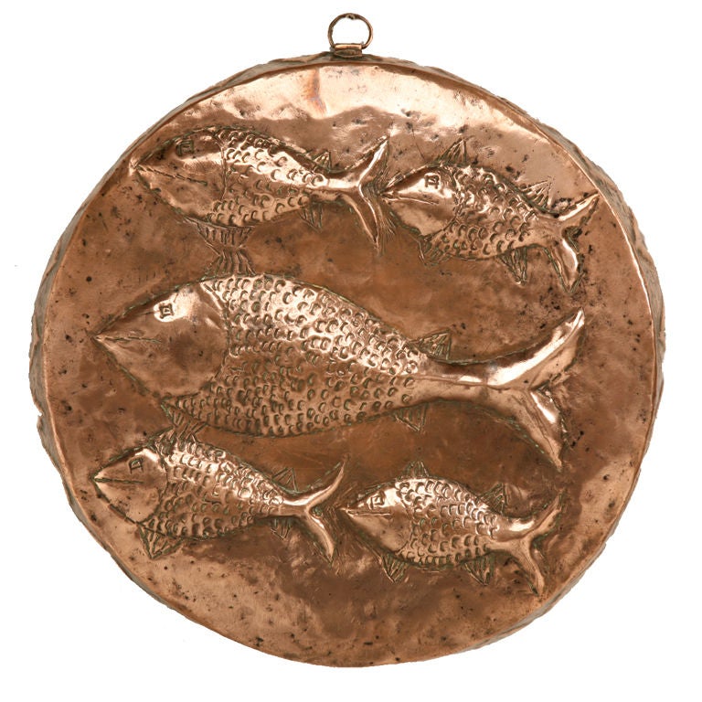 Old Copper Fish Decorated Food or Terrine Mold with Zinc Lining