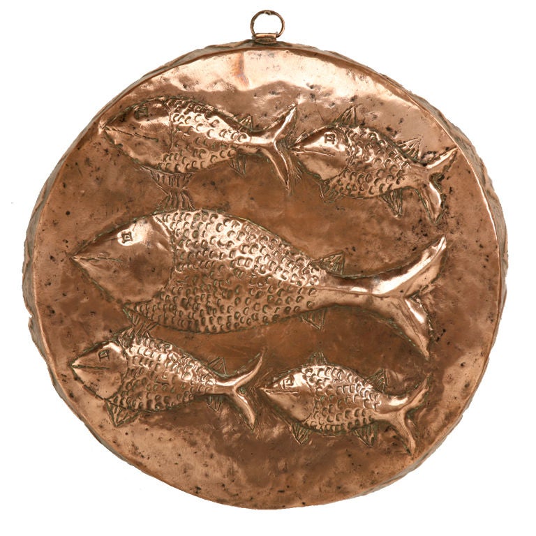 Old Copper Fish Decorated Food or Terrine Mold with Zinc Lining at