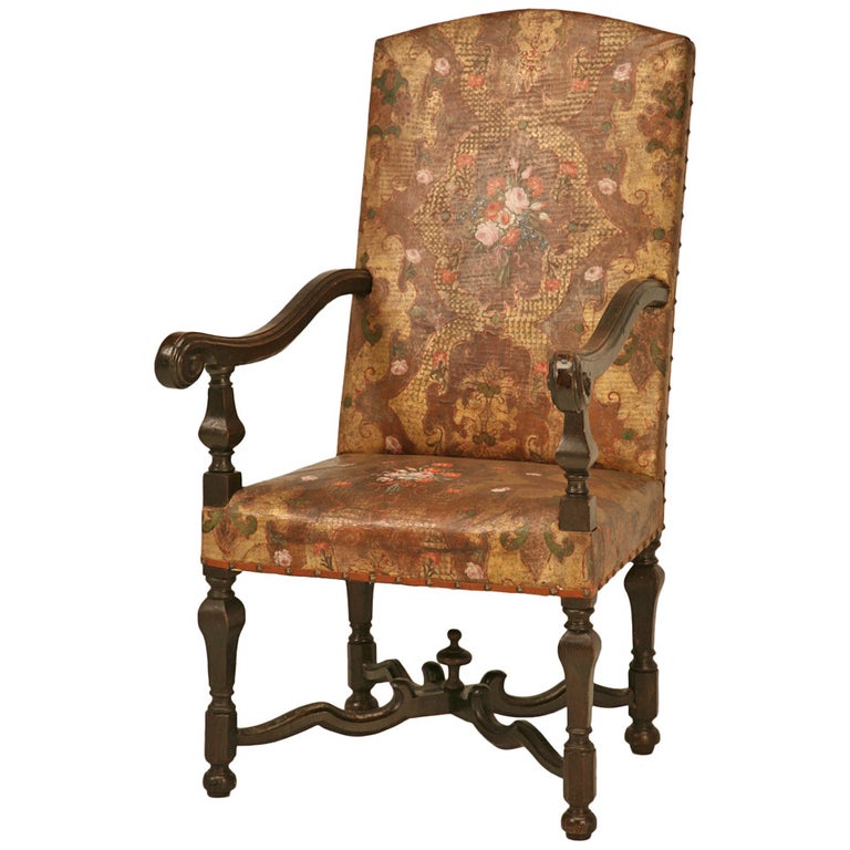 Antique Embossed Painted And Gilded Leather Throne Chair For