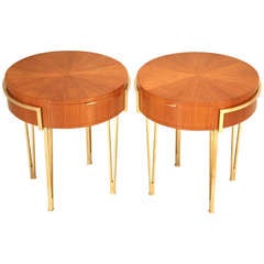 Pair of Ebonized Mid-Century Modern Tables with Brass Legs and Drawer