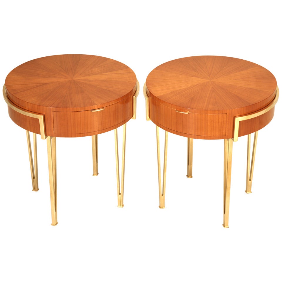 Pair of Ebonized Mid-Century Modern Tables with Brass Legs and Drawer