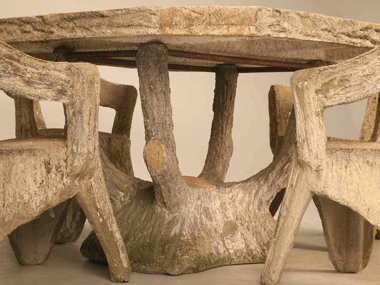Concrete Gracious Antique French Faux Bois/Rustification Garden Table & Chairs