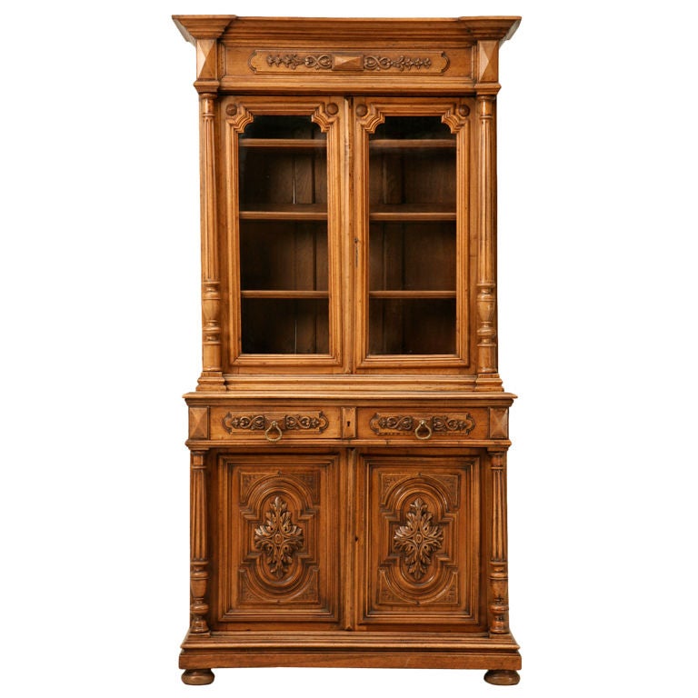 Unique Shallow Antique French Walnut Bibliotheque/China Cabinet