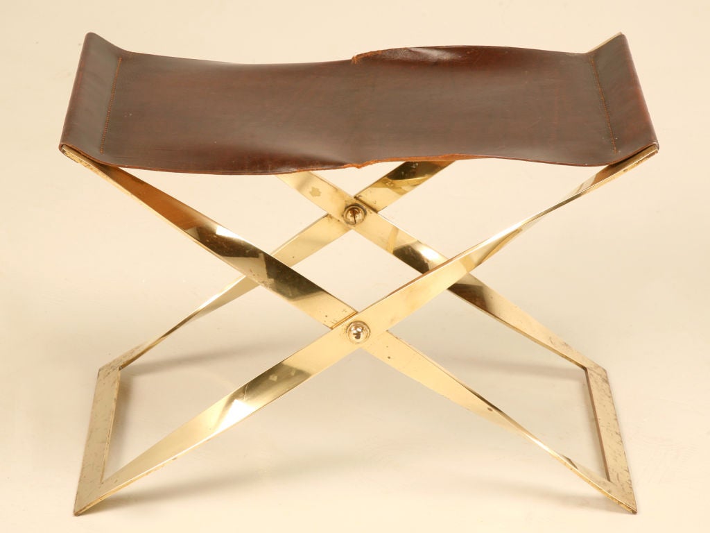 Danish Brass Folding Propeller Stool w/Leather Seat style of Poul Kjaerholm
