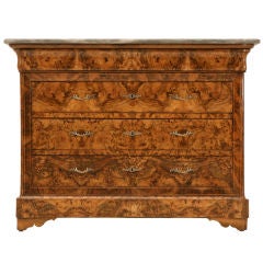 Antique French Louis Philippe Bookmatched 
Oystered Burled Walnut Commode