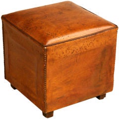 Original Vintage French Leather Cube-Form Table Ottoman or Stool