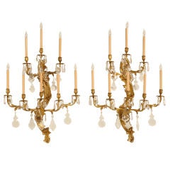 Large Pair of French Louis XV Brass & Crystal Sconces (2 of 6)