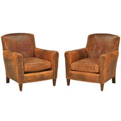 Superbe paire de fauteuils club français des années 1930 en cuir texturé