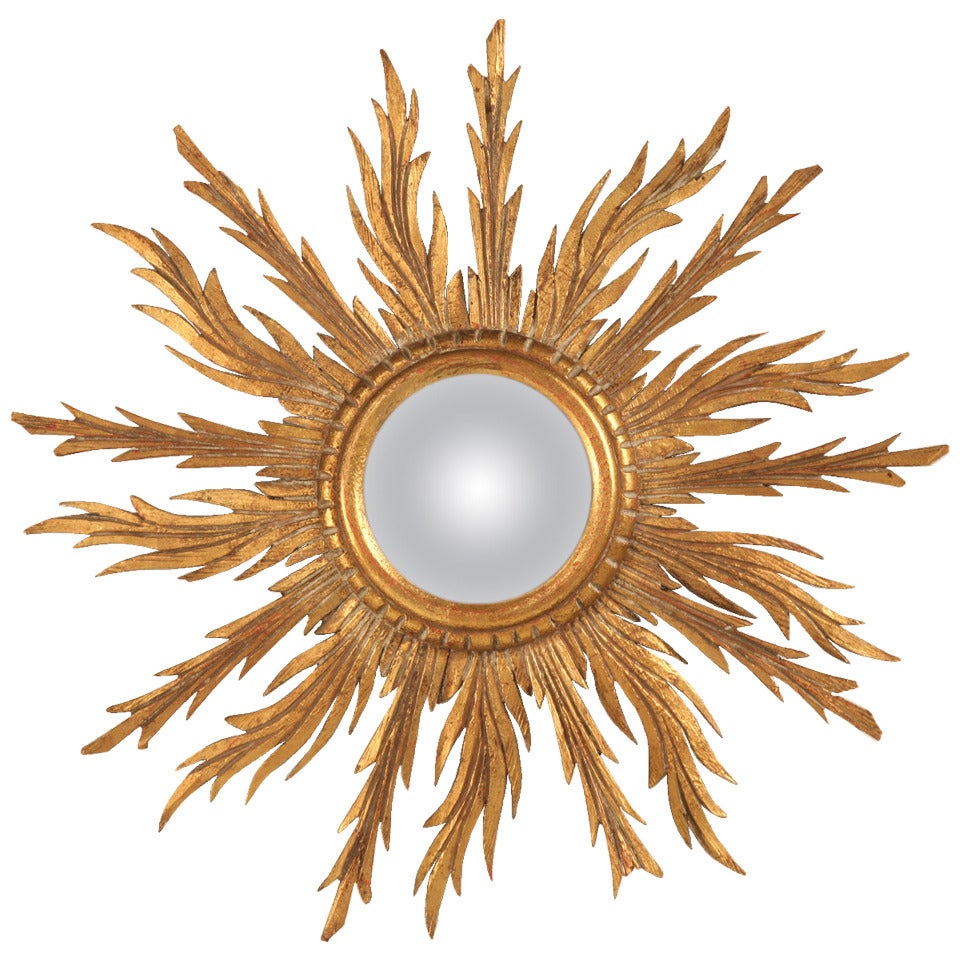 Incredible Vintage Italian Gilt Sunburst Convex Mirror w/Ornately Carved Rays