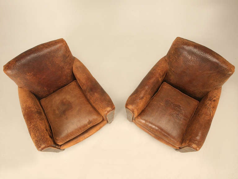 Stunning Pair of Original 1930's French Club Chairs w/Textured Leather 1