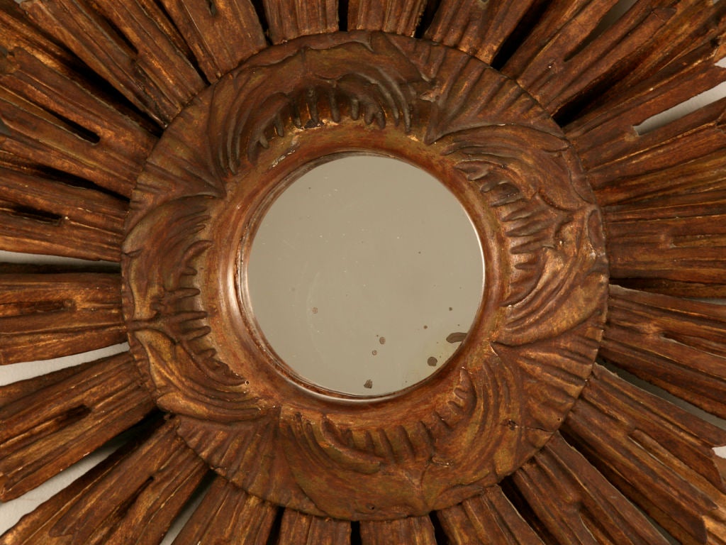 Country Antique Italian Carved Sunburst Mirror Original Patina from 1930's  For Sale