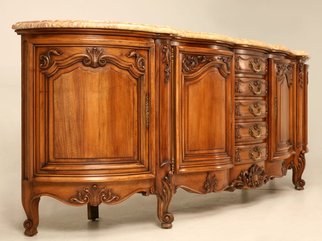 Vintage French Carved Walnut 114" Serpentine Buffet w/Marble Top