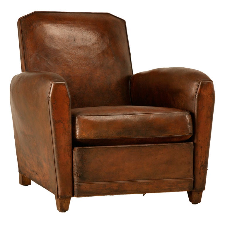Original French Art Deco Leather Club Chair w/Canted Corners