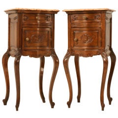 Pair Antique French Rococo Figured Walnut Nightstands w/Marble