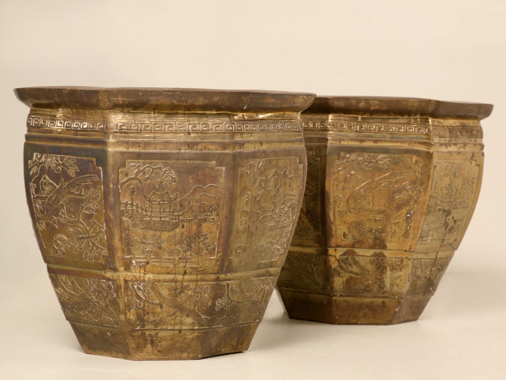 Pair of Large Bronze Octagonal Planters w/Chinoiserie Decoration