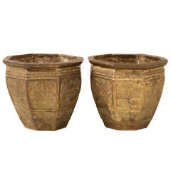 Pair of Large Bronze Octagonal Planters w/Chinoiserie Decoration