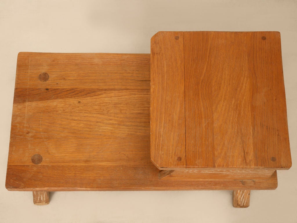 Awesome vintage American Ranch Oak step table, perfect for most any room of the home. Sturdy and rustic, this furniture was built to last.<br />
<br />
Dust; cactus; broncos; branding. A long, lonely trail; cowboy ditties sung to the soft sound of