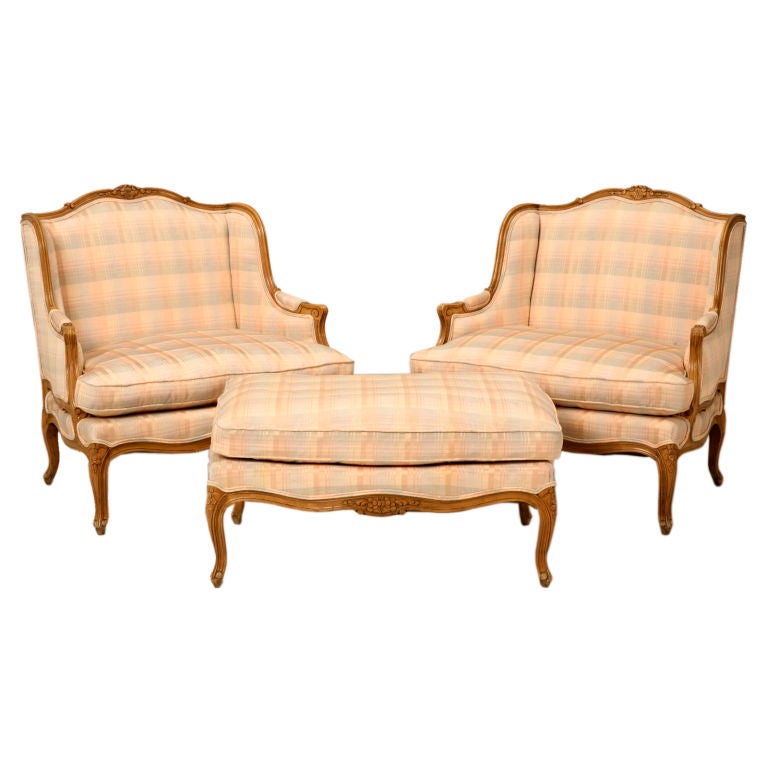 Pair of Vintage "Baker" Louis XV Wing-back Bergeres w/Ottoman