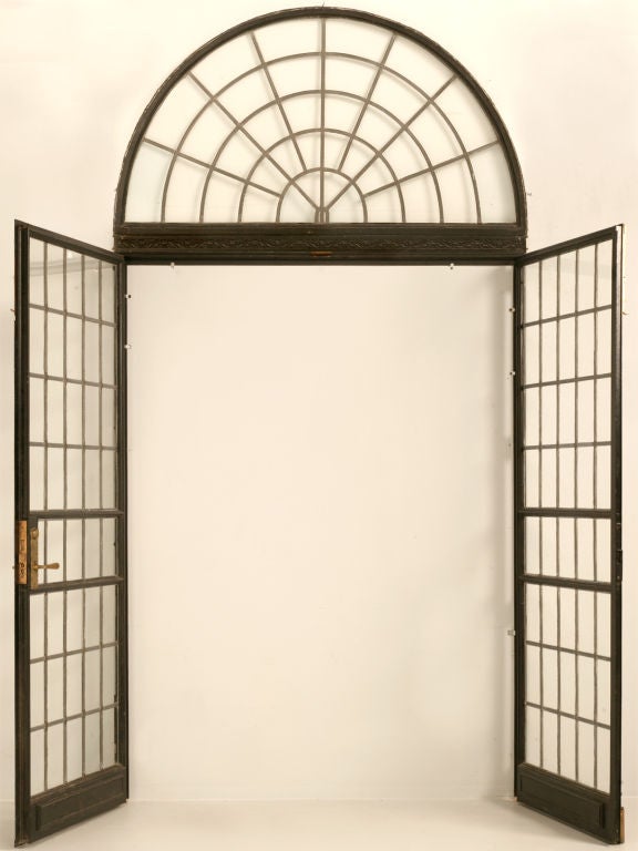 Pair of Bronze Palladian Leaded Glass French Doors w/Sunburst 1