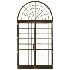 Antique Pair of Bronze Palladian Leaded Glass French Doors w/Sunburst