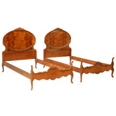 Gorgeous Pair of Vintage Louis XV Style Burled & Marquetry Beds