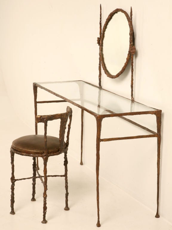 Solid bronze dressing table in the style of Alberto Giacometti with an optional chair that we have cast for us. Alberto Giacometti (1901 -1966) was a Swiss sculptor, painter, draftsman, and print-maker extraordinaire and we have tried our best to