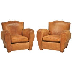 Pair Vintage French Original Leather Moustache Back Club Chairs