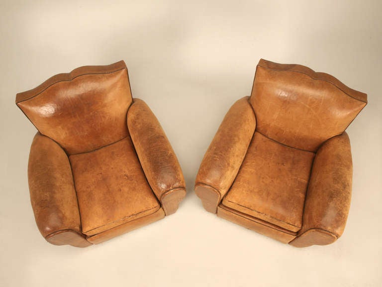 Mid-20th Century Pair Vintage French Original Leather Moustache Back Club Chairs