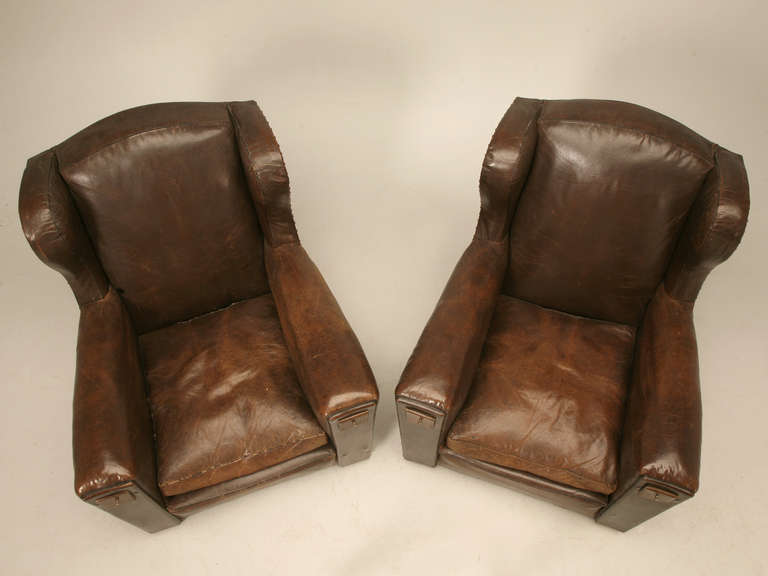 Mid-20th Century French Leather Club Chairs in Original Leather, circa 1930s