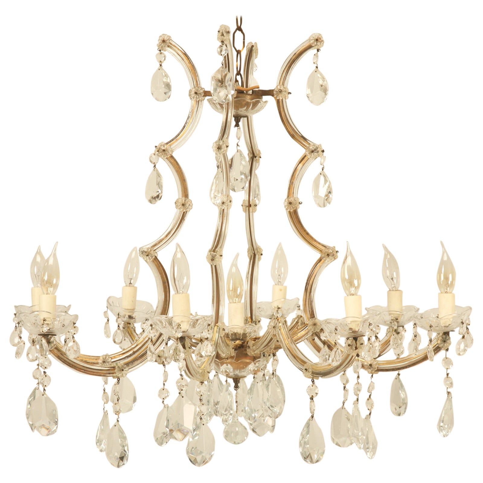 Spanish Chandelier in a Baroque Style, Brass and Crystal circa 1930s For Sale