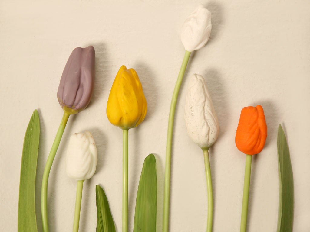 Stunning Set of 6 Vintage German Mouth-Blown Tulips w/Silk Leave