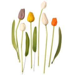 Stunning Set of 6 Vintage German Mouth-Blown Tulips w/Silk Leave